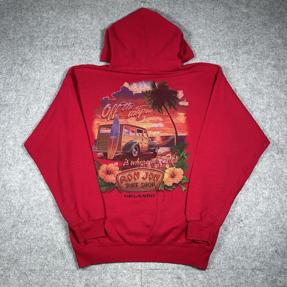 Ron‎ Jon Surf Shop Pullover Hoodie Men's Size large red Big Back graphic surfer